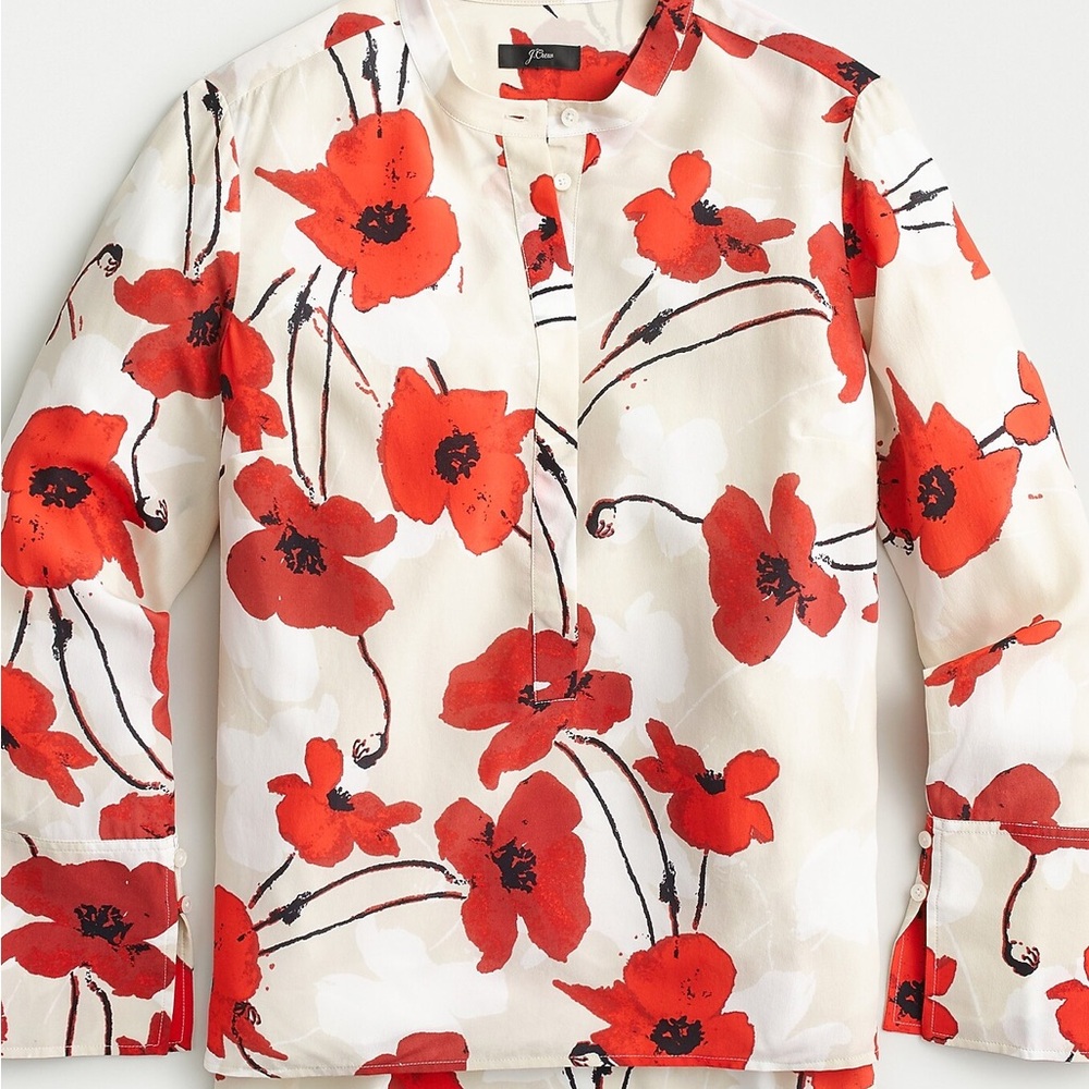 J. CREW Silk Ivory & Red Poppy Floral Blouse Career Casual Top